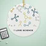 Blue Yellow Science Chemistry Molecules Christmas  Ceramic Ornament<br><div class="desc">Christmas ornament for science lovers. The background is a pattern of molecules in grey,  blue and yellow colours. Perfect gift for science students,  biologist,  chemists,  researchers and technicians. The sentiment reads "I love science" but you can change it for your own custom message.</div>