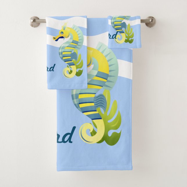 Blue & Yellow Seahorse Bath Towel Set (Insitu)