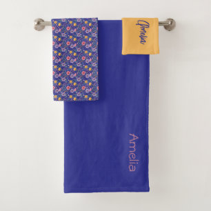 Blue  yellow simple wildflower pattern name bath towel set