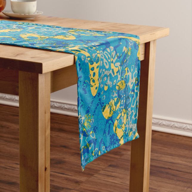 Blue & Yellow Spotted Graphic Abstraction Short Table Runner (In Situ)