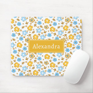 Blue Yellow Spring Ditsy Floral Monogram Mouse Pad