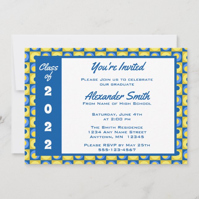 Blue Yellow Square Dot Border Graduation Party Inv Invitation (Front)
