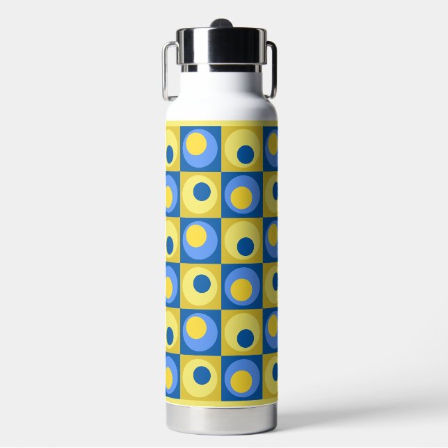 Blue Yellow Square Dot Geometric Design Hot-Cold Water Bottle (Front)