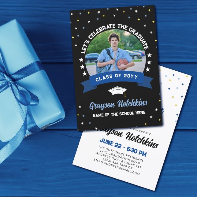 Blue Yellow Stars Celebrate the Graduate Photo Invitation (Creator Uploaded)