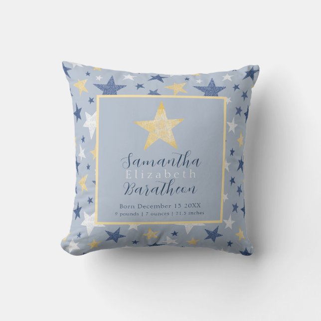 Blue Yellow Stars Personalized Baby Birth Stat Throw Pillow (Front)
