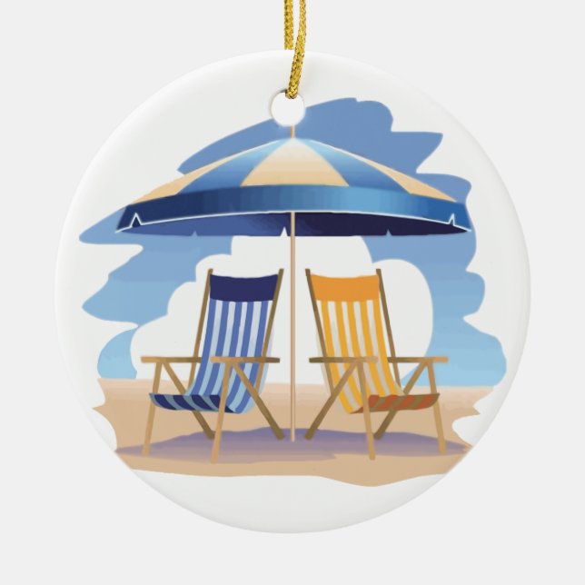 Blue & Yellow Striped Beach Chairs & Umbrella Ceramic Ornament (Front)