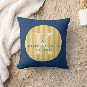 Blue Yellow Striped Circle Family Monogram Throw Pillow