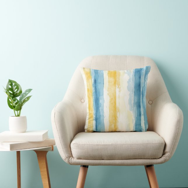 Blue & Yellow Stripes – Mediterranean Coastal  Throw Pillow (Chair)