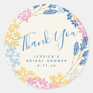 Blue Yellow Summer Flower Wreath Custom Thank You Classic Round Sticker