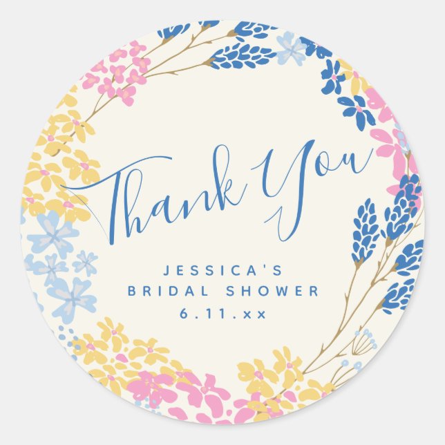 Blue Yellow Summer Flower Wreath Custom Thank You Classic Round Sticker (Front)