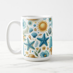 BLUE & YELLOW SUMMER SHELLS SUNS FLOWERS COFFEE MUG