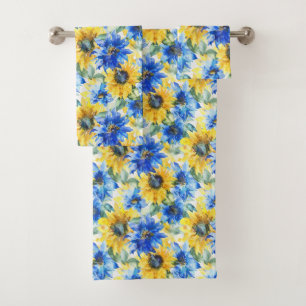 Blue Yellow Sunflowers Floral Bath Towel Set