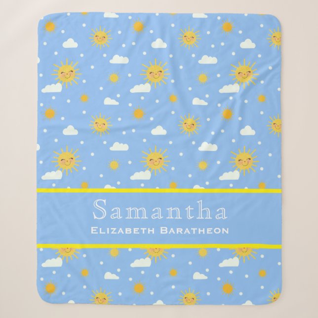 Blue & Yellow Sunshine Sky Personalized Name  Sherpa Blanket (Front)