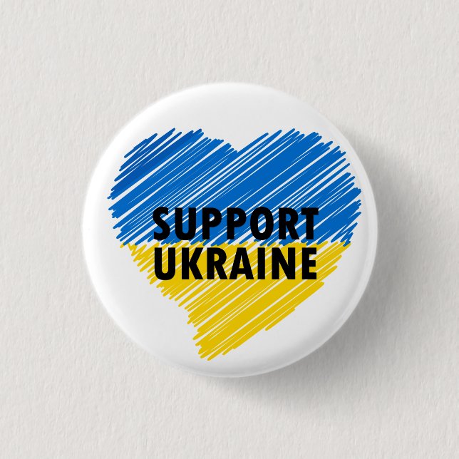 BLUE & YELLOW SUPPORT UKRAINE HEART 1 INCH ROUND BUTTON (Front)