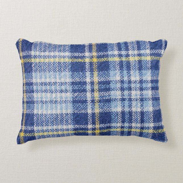 Blue Yellow Tartan: Fashionable Plaid Accent Pillow (Front)