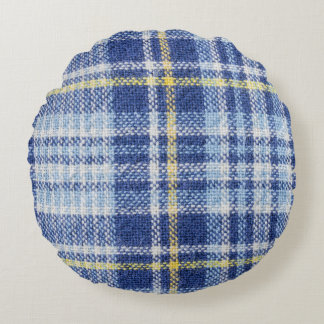 Blue Yellow Tartan: Fashionable Plaid Round Pillow