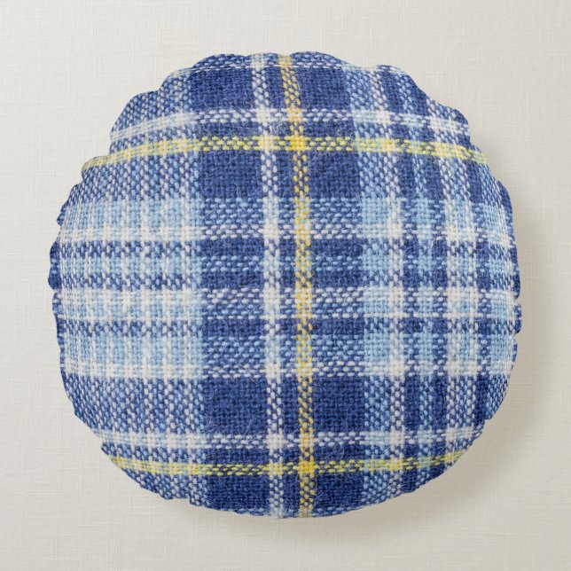 Blue Yellow Tartan: Fashionable Plaid Round Pillow (Front)