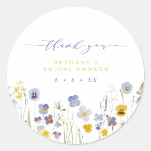 Blue & Yellow Thank You Floral Bridal Shower Favou Classic Round Sticker