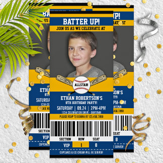 Blue|Yellow Ticket Style Baseball Birthday Party Invitation