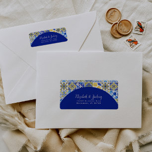 Blue Yellow Tile Arch Wedding Return Address Label