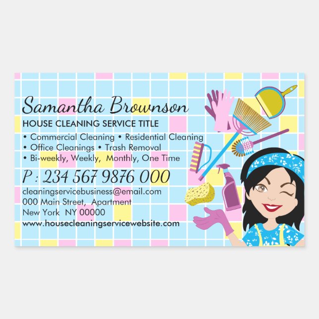 Blue Yellow Tile Cartoon Janitorial Cleaning Lady Sticker (Front)