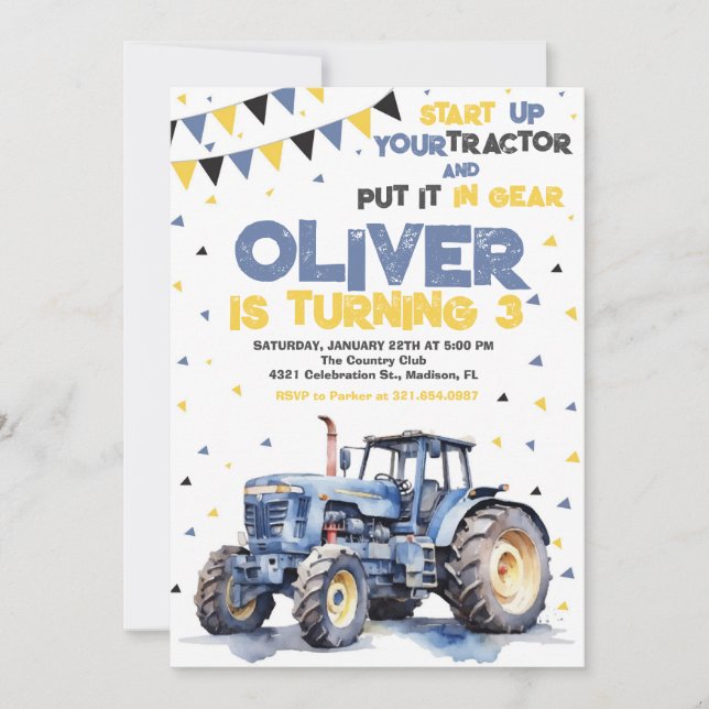 Blue Yellow Tractor Birthday Party Invitation (Front)