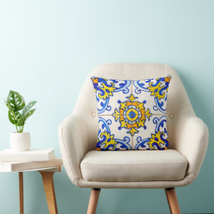 Blue Yellow Traditional Portuguese Azulejo Tile Throw Pillow
