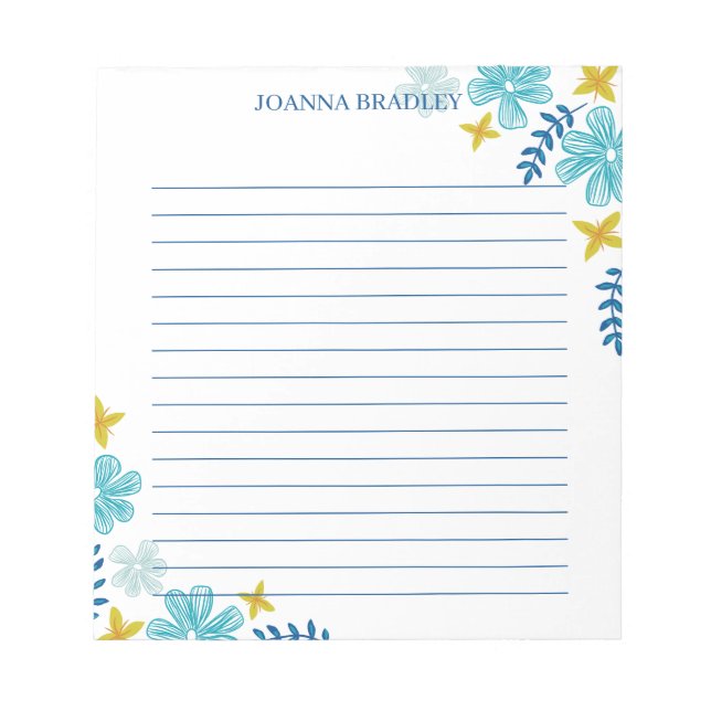 Blue Yellow Tropical Flowers - Lined Notepad (Front)