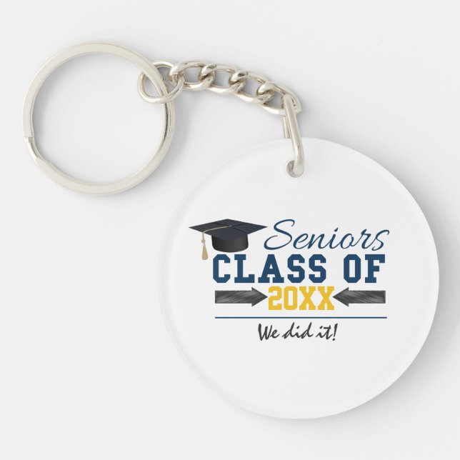 Blue Yellow Typography Graduation Gear Keychain (Front)