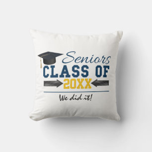 Blue Yellow Typography Graduation Gear Throw Pillow