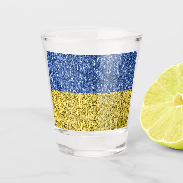 Blue yellow Ukraine flag glitter faux sparkles Shot Glass (Front)