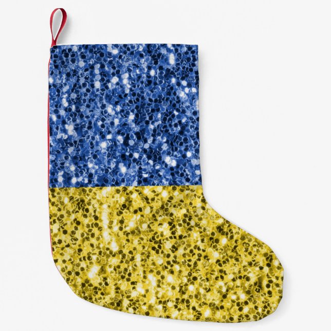 Blue yellow Ukraine flag glitter faux sparkles Small Christmas Stocking (Front)