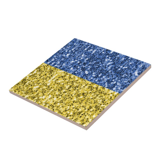 Blue yellow Ukraine flag glitter faux sparkles Tile (Side)