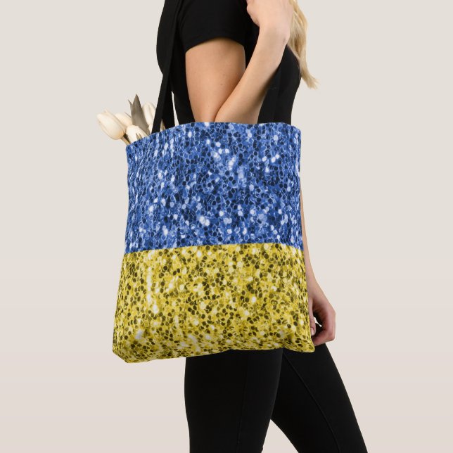 Blue yellow Ukraine flag glitter faux sparkles Tote Bag (Close Up)