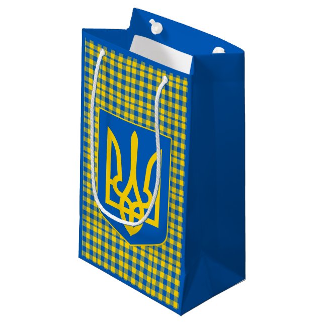 Blue & Yellow Ukraine Plaid pattern, Tartan Small Gift Bag (Front Angled)