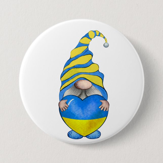 BLUE & YELLOW UKRANIAN GNOME WITH HEART 3 INCH ROUND BUTTON (Front)