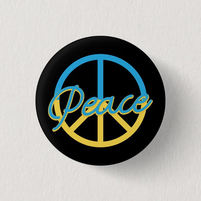 BLUE & YELLOW UKRANIAN PEACE SIGN 1 INCH ROUND BUTTON (Front)