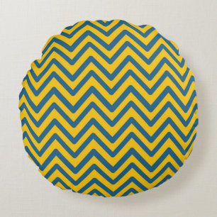 Blue Yellow Vintage Retro Chevron Pattern Round Pillow