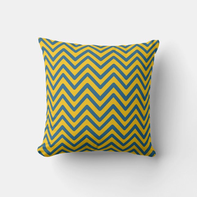 Blue Yellow Vintage Retro Chevron Pattern Throw Pillow (Front)