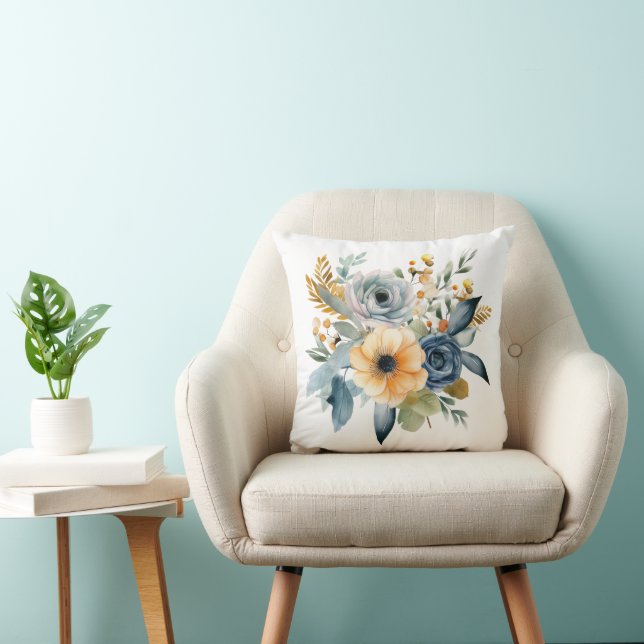 Blue Yellow Watercolor Floral Wildflower Botanical Throw Pillow (Chair)