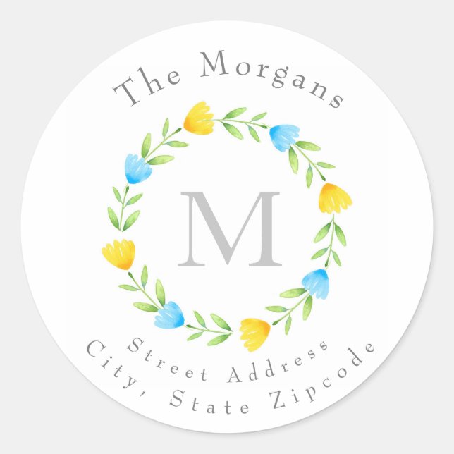 Blue Yellow Watercolor Flower Stem Wreath Labels (Front)