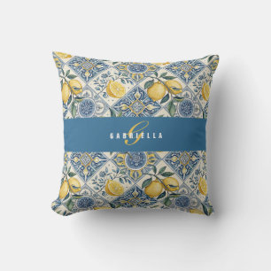 Blue Yellow Watercolor Lemon Monogram Name Throw Pillow