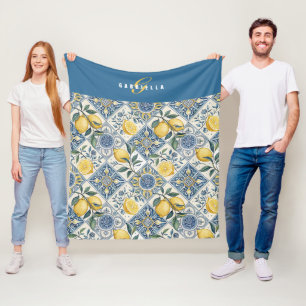 Blue Yellow Watercolor Lemon Name Fleece Blanket