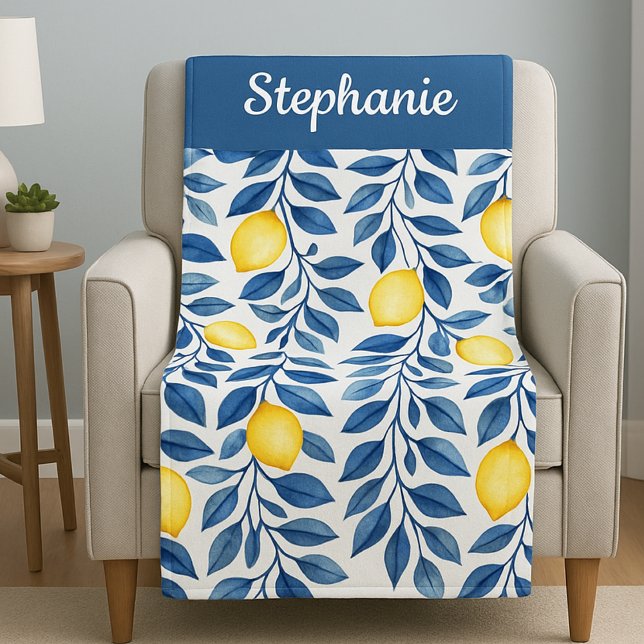 Blue Yellow Watercolor Lemon Name Fleece Blanket (Creator Uploaded)