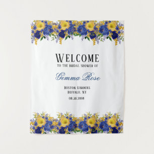 Blue Yellow Watercolor Peony Bridal Shower Welcome Tapestry