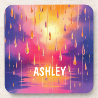 Blue Yellow Watercolor Raindrops Colourful Coaster