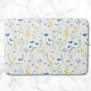 Blue Yellow Watercolor Wildflower Bath Mat