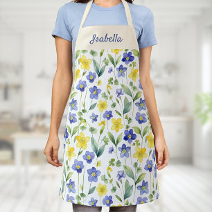 Blue Yellow Watercolor Wildflower Custom Name Apron