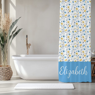 Blue Yellow Watercolor Wildflower Monogram Name