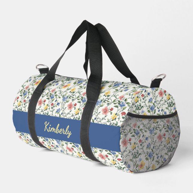 Blue Yellow Watercolor Wildflower Monogram Name Duffle Bag (Right Corner)